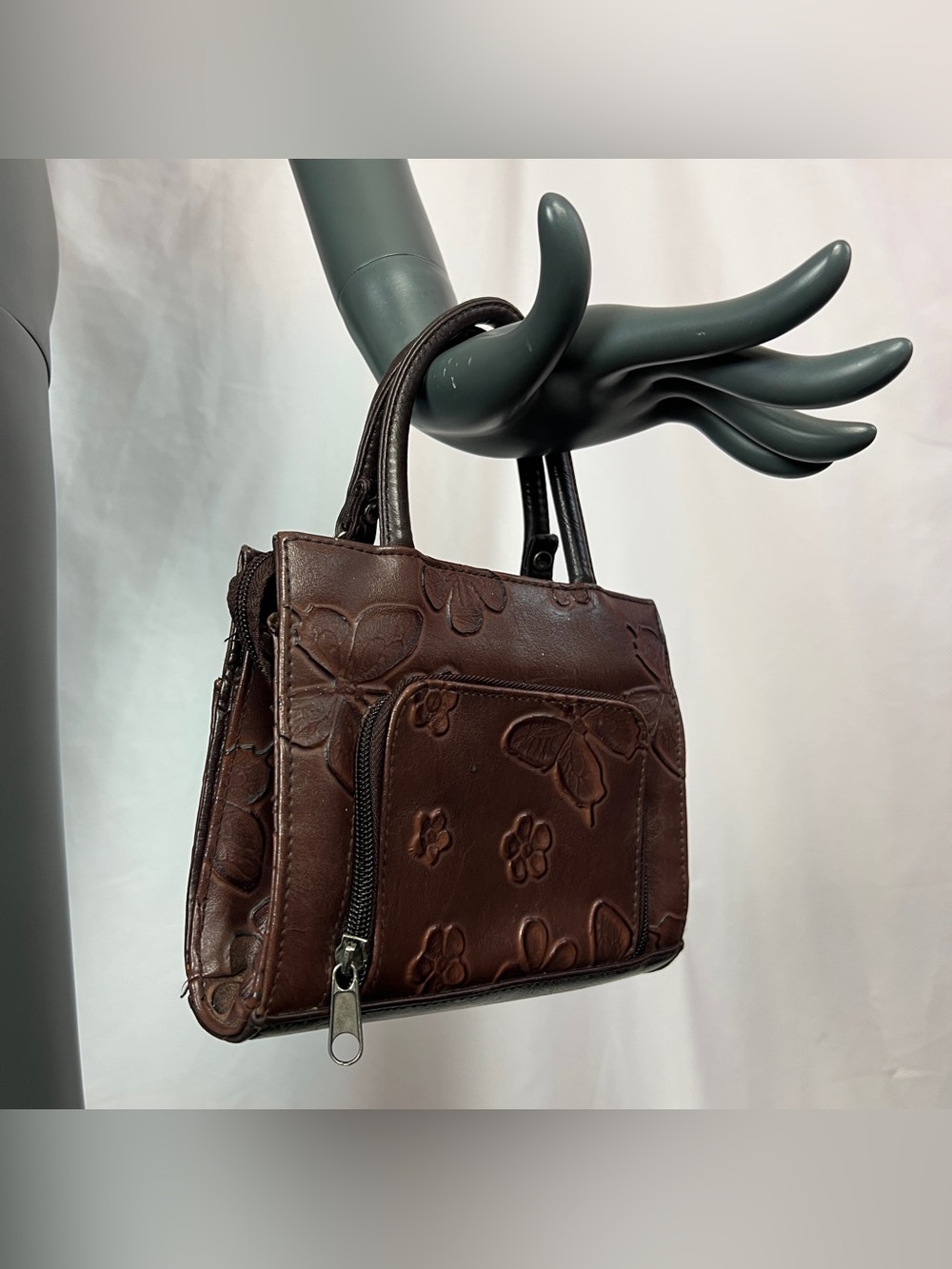 Dark Brown Faux Leather Butterfly Embossed Mini Handbag